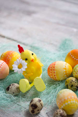 Easter eggs on wooden, Painted Easter eggs on old boards , Easter backgroundの写真素材