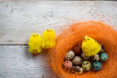 Easter eggs on wooden, Painted Easter eggs on old boards , Easter backgroundの写真素材