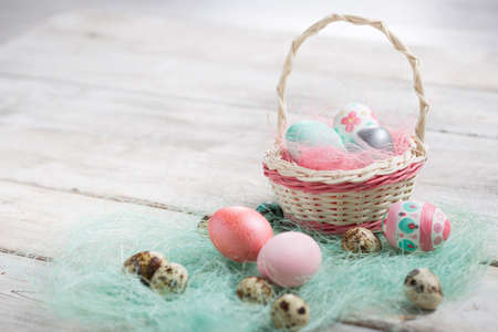 Easter eggs on wooden, Painted Easter eggs on old boards , Easter backgroundの写真素材