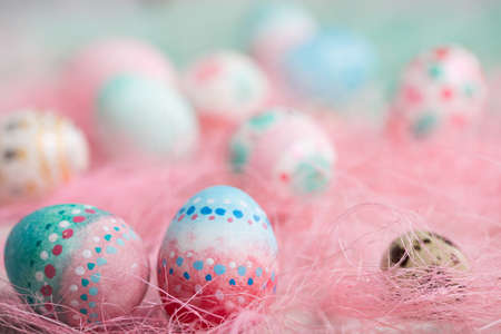 Easter eggs on wooden, Painted Easter eggs on old boards , Easter backgroundの写真素材