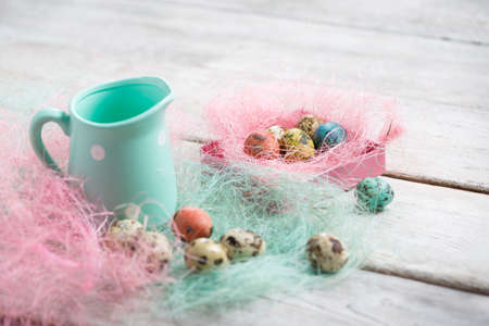 Easter eggs on wooden, Painted Easter eggs on old boards , Easter backgroundの写真素材