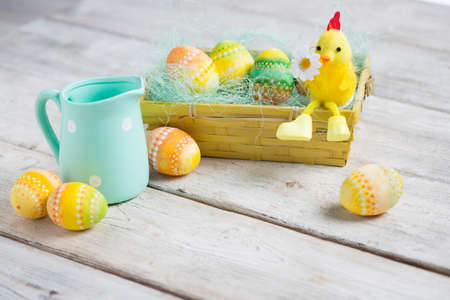 Easter eggs on wooden, Painted Easter eggs on old boards , Easter backgroundの写真素材