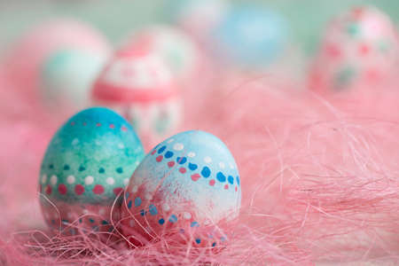 Easter eggs on wooden, Painted Easter eggs on old boards , Easter backgroundの写真素材