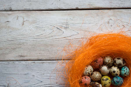 Easter eggs on wooden, Painted Easter eggs on old boards , Easter backgroundの写真素材