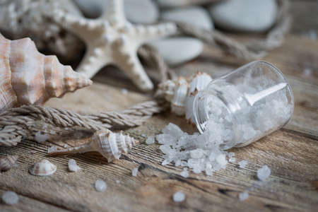 Beautiful composition of seashells and stones on a marine theme on old boardsの写真素材