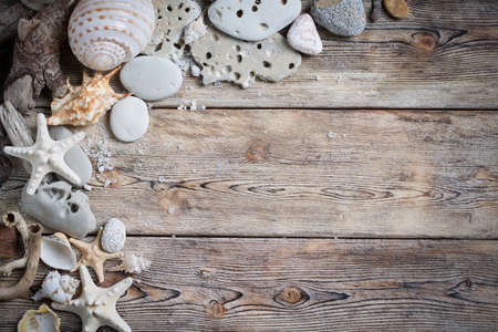 Beautiful composition of seashells and stones on a marine theme on old boardsの写真素材