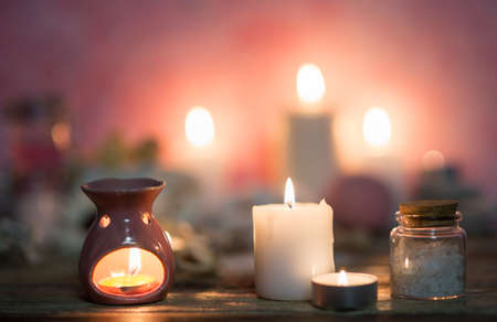 Beautiful composition of spa treatment on white wooden table の写真素材