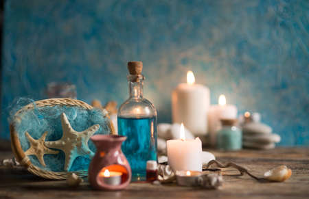 Beautiful composition of spa treatment on white wooden table の写真素材