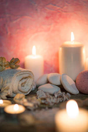 Beautiful composition of spa treatment on white wooden table の写真素材