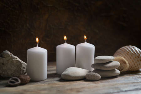 Beautiful composition of spa treatment on white wooden table の写真素材