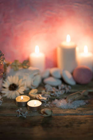 Beautiful composition of spa treatment on white wooden table 