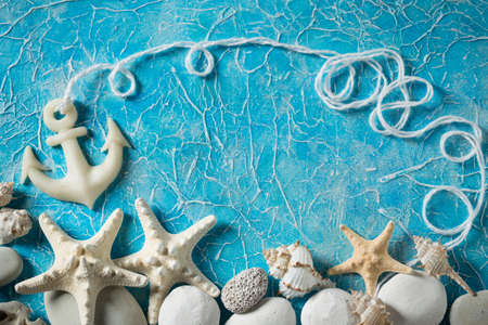 Beautiful composition of seashells and stones on a marine theme の写真素材