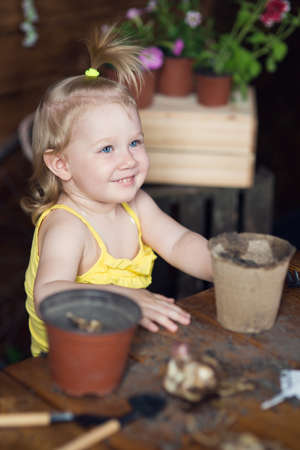 Baby girl plant flowers, A girl of two years helps my mother plant flowersの写真素材