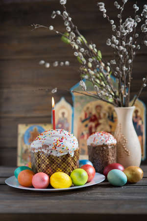 Orthodox Easter, Easter cake and painted eggsの写真素材