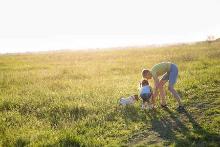 A teenager playing with a dog in the nature, Jack Russell and a boy playing ballの写真素材