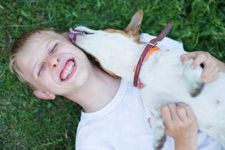 A teenager with a dog in the nature, Jack Russell and a boy playingの写真素材