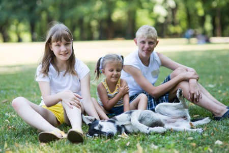 Children playing with a dog, three children are sitting on the grass with a dogの写真素材