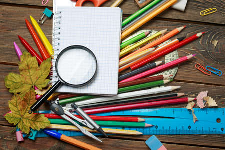 school background, schoolboy items on the table