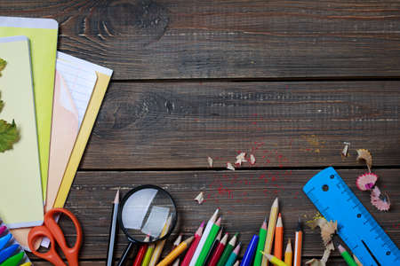 school background, schoolboy items on the tableの写真素材