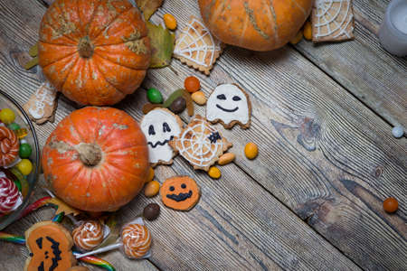 Background for Halloween on wooden boardsの写真素材