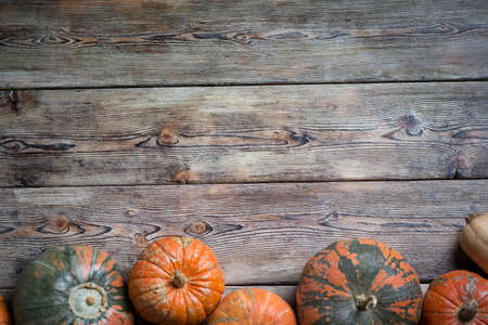 Orange pumpkins on wooden boardsの写真素材