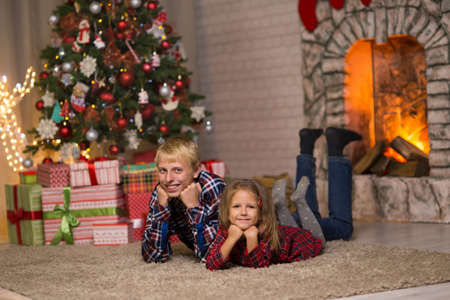 brother and sister near the Christmas tree on Christmas nightの写真素材