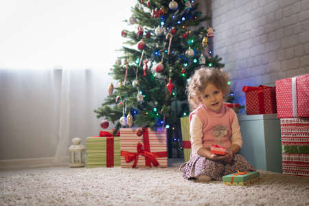 Girl near the Christmas treeの写真素材