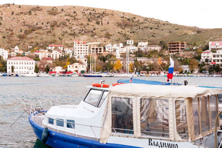 Balaklava, Sevastopol, Crimea, Russia - October 28, 2018: beautiful old marina and harbor View with Yachts, boats and embankment with old buildings in the bay of Balaclava on Black Sea.のeditorial素材