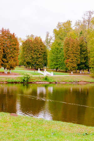Russia, village Marfino, 29 September 2019: Old pond of historic Gothic revival style architectural Ensemble Old Moscow Noble count manor Marfinoの写真素材