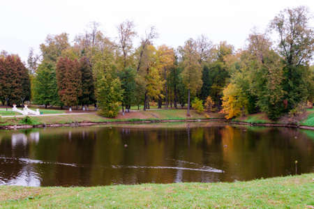 Russia, village Marfino, 29 September 2019: Old pond of historic Gothic revival style architectural Ensemble Old Moscow Noble count manor Marfinoの写真素材