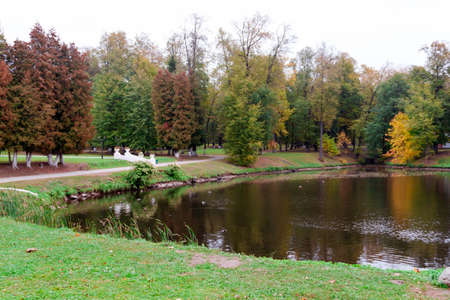 Russia, village Marfino, 29 September 2019: Old pond of historic Gothic revival style architectural Ensemble Old Moscow Noble count manor Marfinoの写真素材