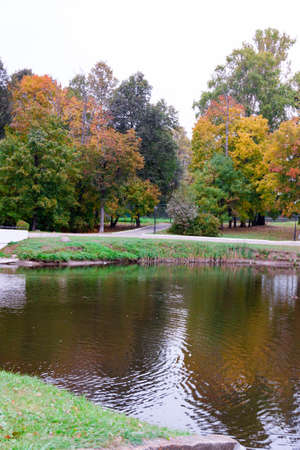 Russia, village Marfino, 29 September 2019: Old pond of historic Gothic revival style architectural Ensemble Old Moscow Noble count manor Marfinoの写真素材