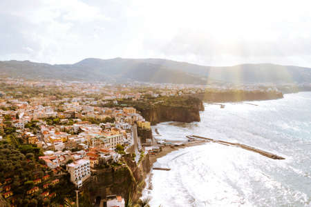 SALERNO, ITALY NOVEMBER 4 2019: Salerno city beautiful autumn view on houses, fortress and sea beach from the top of the castle. Sunny stormy weatherのeditorial素材
