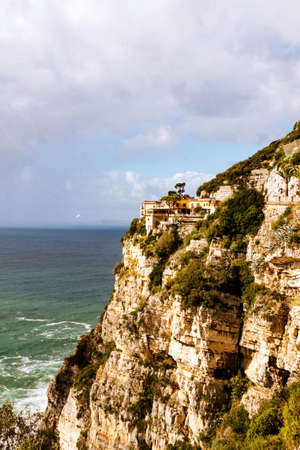 SALERNO, ITALY NOVEMBER 4 2019: Salerno city beautiful autumn view on houses, fortress and sea beach from the top of the castle. Sunny stormy weatherのeditorial素材