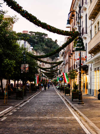 SORRENTO, ITALY NOVEMBER 4 2019: street of Sorrento decorated for Christmas. Natural background view. Selective soft focus. Shallow depth of field. Text copy space.のeditorial素材
