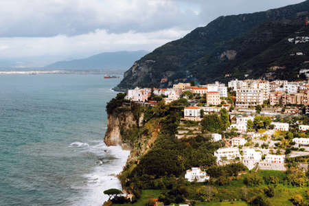 SORRENTO, ITALY NOVEMBER 4 2019: Sorrento city view on houses, fortress and sea beach from the top of the castleのeditorial素材