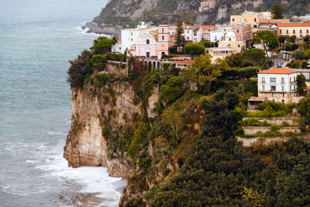 SORRENTO, ITALY NOVEMBER 4 2019: Sorrento city view on houses, fortress and sea beach from the top of the castleのeditorial素材