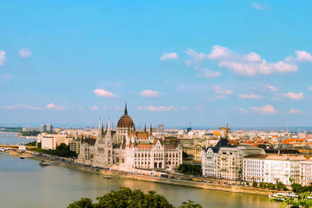 BUDAPEST, HUNGARY 29 JULY 2019 : beautiful panoramic view of the Hungarian Parliament and the Danube river city of Pestのeditorial素材