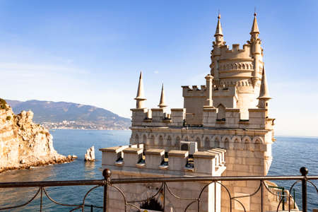 Gspra, Crimea, RUSSIA - OCTOBER 28, 2018: one of the main landmarks and tourist places Lastochkino Gnezdo Palace. The decorative Neo-Gothic Swallow nest castle on the rock over the Black Sea.のeditorial素材