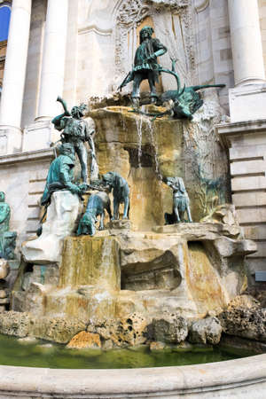 BUDAPEST, HUNGARY 29 JULY 2019: Matthias Fountain in the northwest inner courtyard of Buda castle, Royal Palace, famous historic landmarkのeditorial素材