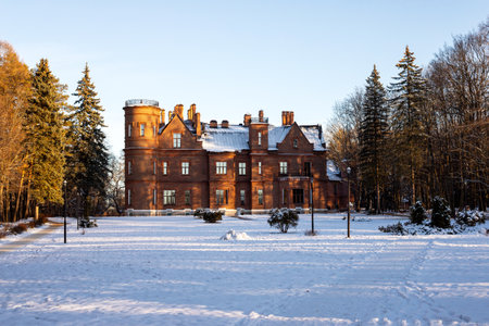 Herzen sanatorium village, Russia - December 06, 2020: Vasilievsky English castle Sherbatov manor country estate main building. Selective focus. Copy spaceのeditorial素材