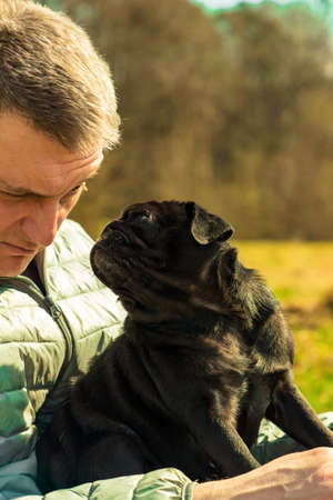 Male dog owner winks at his cute black pug dog sitting on his lap on spring park natural baclgroundの写真素材