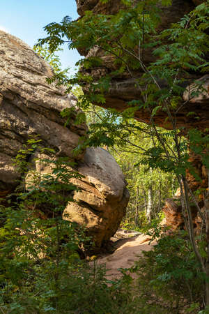 Stone city, Perm region, Russia. Natural Landscape landmark reserve park on blue sky background. Down view. Selective soft focus. Shallow depth of field. Text copy space.の写真素材