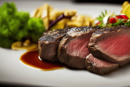 Gourmet grilled beef meat filet mignon or scotch steak chateaubrian on white plate garnished with vegetablesの写真素材