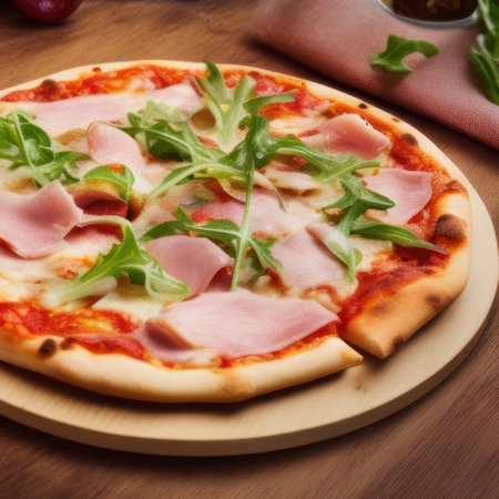 Classical Italian pizza with prosciutto and rocket salad on round wooden plate on table backgroundの写真素材