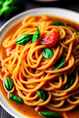 Homemade Spaghetti with Olives and Tomato Sauce, top view. Flat lay, overhead, from above. Close-up.の写真素材
