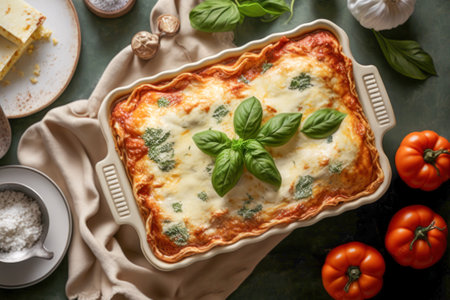 Top view of white baking dish with lasagna composition with tomatoes, basil leaves, garlic, cheeseの写真素材