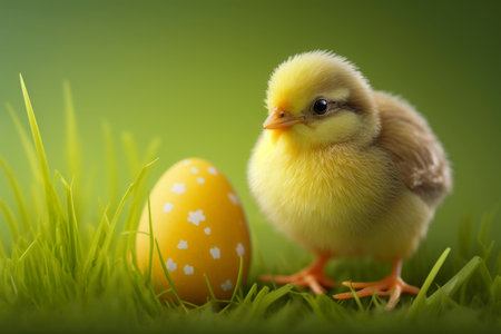 Little chicken and yellow and white colored easter egg in grass on green background. Easter card.の写真素材