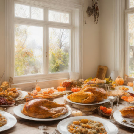 Thanksgiving table with roasted turkey, pumpkin and many othes different food mealsの写真素材