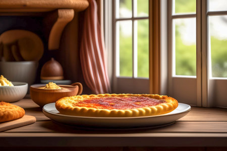 Homemade pie on brown wooden table or windowsill on kitchen window to garden backgroundの写真素材